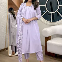 SWEETPEL Floral Embroidered Square Neck Empire A-Line Kurta With Trousers & Dupatta-picture-43