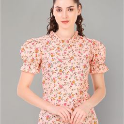 Zuvino Floral Print Mandarin Collar Puff Sleeve Ruffles Cotton Blouson Top-image-33