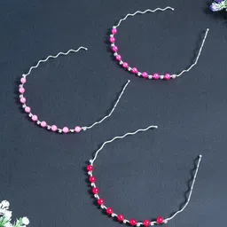 Golden Peacock Women Red & Pink Set of 3 Embellished Hairband-image-97