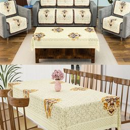 Kuber Industries Cream-Coloured & Brown 12 Pieces Printed Cotton 5 Seater Sofa Covers-picture-1