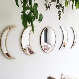GloShvi 5 Pieces Moon Phase Acrylic Mirror & Beige Pine Wood Mdf Base Set-image-13