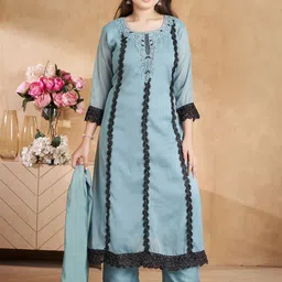 Aarika Girls Floral Embroidered Round Neck Georgette Kurta With Trousers & Dupatta-image-75