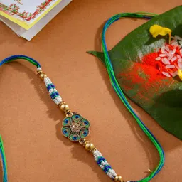 Sangria Peacock Artificial Stones Studded & Beaded Thread Rakhi with Roli Chawal-38