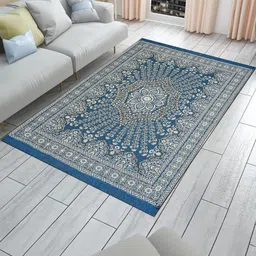 Furnishing Hut Blue & White Floral Printed Non-Slip & Durable Cotton Carpet-picture-18