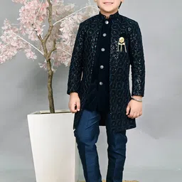 ahhaaaa Boys Sequin Embroidered Velvet Sherwani Set-56