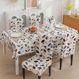 FAVRIA 5-Pcs White & Blue Printed 4 Seater Table Cover With Chair Covers-46