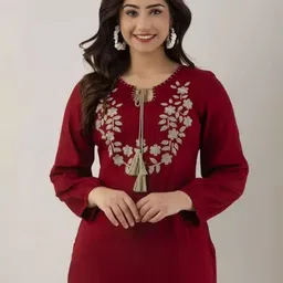 BLUE KART Floral Embroidered Tie-Up Neck Thread Work Kurti-13