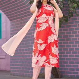 VIBE VISION Floral Printed High Slit Mandarin Collar Kurta With Trousers & Dupatta-picture-28
