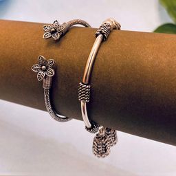 Sangria German Silver Plated Set of 2 Adjustable Floral Shaped & Jhumki Drop Bangle-38