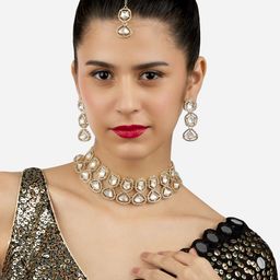 Zaveri Pearls Gold-Plated American Diamond-Studded Necklace And Earrings With Maang Tika-image-16