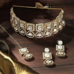 Zaveri Pearls Gold-Plated American Diamond-Studded Necklace And Earrings With Maang Tika-41