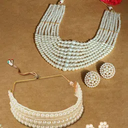AMI Gold-Plated Set of 2 Multi-stranded Pearls Beaded Choker Necklace & Earring Sets-8