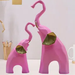 JAIPUR ACE Pink & Gold Toned Geometric Elephant And Baby Medium Figurine Showpiece-image-82