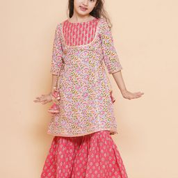 Bitiya by Bhama Girls Floral Printed Regular Gotta Patti Pure Cotton Kurta With Sharara-picture-39