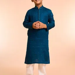 Manyavar Boys Geometric Embroidered Mandarin Collar Pure Cotton Kurta With Pyjamas-image-29
