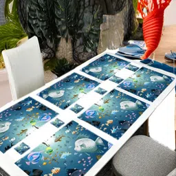 REVEXO 6Pc Blue & White Printed Rectangle Costers & Table Placemats-3