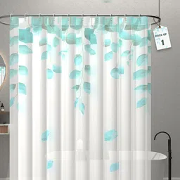 Aura Green & White Leaf Printed Waterproof ShowerCurtainWithHooks-16