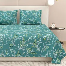 DREAM WEAVERZ Teal Green & White Floral Pure Cotton 220 TC King Bedsheet Set-2.75m x 2.55m-image-34