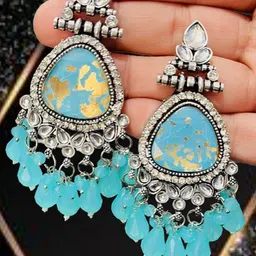 OPUS GEMS Artificial Stones Studded And Beaded Geometric Drop Earrings-picture-35