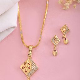 VOJ Gold- Plated American Diamond Studded Geometrical Shaped Pendant Set-image-77
