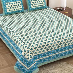 The Craft Monk Beige & Green Floral King Bedsheet with 2 Pillow Covers-image-79
