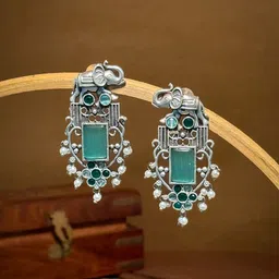 NAMAN ARTS Silver Plated Artificial Stones Studded & Beaded Contemporary Drop Earrings-15