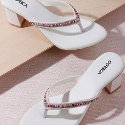 CORSICA Women White Open Back Round Toe Ethnic Embellished Party Block Heels-picture-2