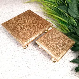 apka mart GoldToned 2 Pieces Wooden Brass Textured Carved Pooja Chowkis-image-77