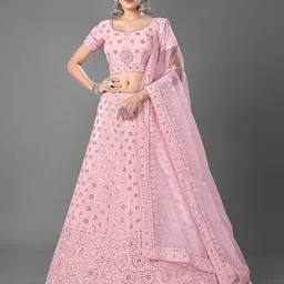 ODETTE Embroidered Thread Work Semi-Stitched Lehenga & Unstitched Blouse With Dupatta-image-6