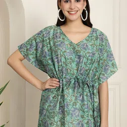 KALINI Floral Printed V-Neck Kimono Sleeve Waist Tie-Ups Pure Silk Kaftan Top-image-50