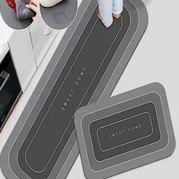 HomeCloud Grey & Black 2 Pieces Geometric Pattern Anti-Skid Kitchen Mats-17