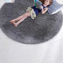 AaHo Decor Grey Round Plain Fluffy Shaggy Rug Carpet-image-55