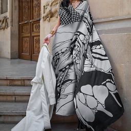 Mitera Grey & Black Abstract Printed Block Print Saree-image-83
