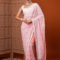 Anouk Pink & White Floral Embroidered Organza Saree-image-42