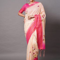 Mitera Peach-Coloured & Pink Linen Blend Floral Printed Saree-image-75