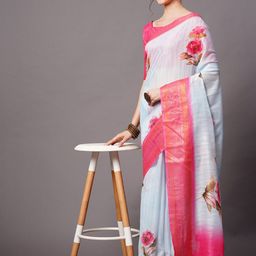 Mitera Blue & Gold-Toned Floral Printed Zari Border Saree-image-70