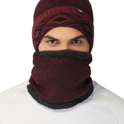 iSWEVEN Red & Black Caps with Neck Warmer 2 In1 Beanie-image-19