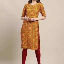 KALINI Women Mustard Yellow & Red Ethnic Motifs Printed Crepe Kurta-5