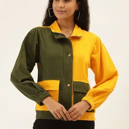 The Dry State Women Olive Green & Yellow Colorblocked Open Front Corduroy Jacket-image-50