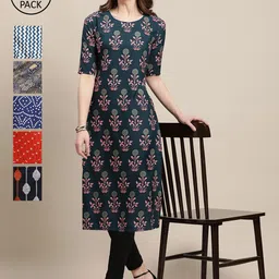 7Threads Women Pack Of 6 Block Print Crepe Kurtas-image-44