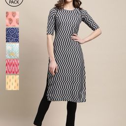 1 Stop Fashion Women Pack Of 6 Black & Blue Geometric Block Print Crepe Kurta-73