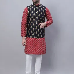 SOJANYA Embroidered Straight Kurta With Churidar And Nehru Jacket-image-10
