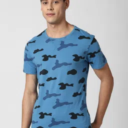 Peter England Casuals Men Blue & Black Printed Pure Cotton Slim Fit T-shirt-image-29