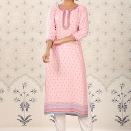 Ode by House of Pataudi Pink Ethnic Motifs Printed Round Neck Thread Work Kurta-image-79