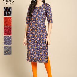 KALINI Women Yellow And Red Ethnic Motifs Printed Block Print Crepe Pack of 6 Kurta-picture-18