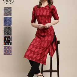 KALINI Women Pack of 6 Printed Block Print Crepe Kurtas-image-36