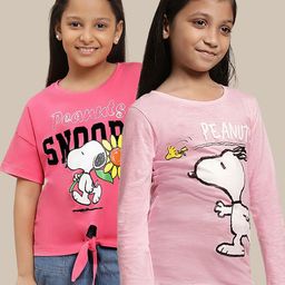 Kids Ville Girls Pack of 2 Graphic Peanuts Printed Pure Cotton Round Neck T-shirts-image-53