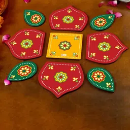 Indigifts Green & Red 9 Pieces Floral Printed Wooden Rangoli Stickers-image-9