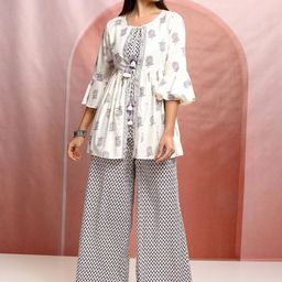 Vishudh Cream-Coloured Floral Printed Tie-Up Neck Pure Cotton Tunic With Palazzos & Jacket-picture-9
