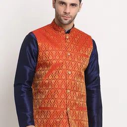 KRAFT INDIA Men Red & Gold-Toned Ethnic Motifs Jacquard Nehru Jacket-20
